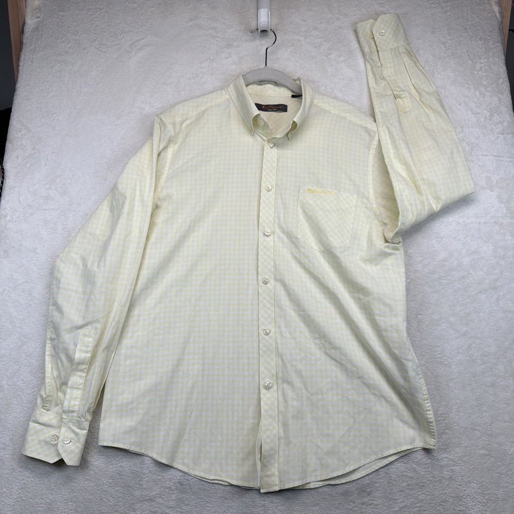 Ben Sherman Men's Gingham Check Shirt XL Yellow Long Sleeve Button Down Preppy